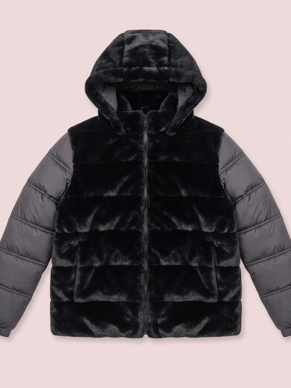 NWT Guess Black Faux Fur & Quilted Puffer Jacket with Hood